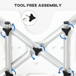 Close-up of the shower chair's underside showing tool-free assembly knobs.