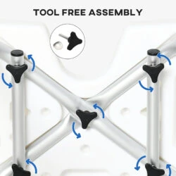 Close-up of the shower chair's underside showing tool-free assembly knobs.