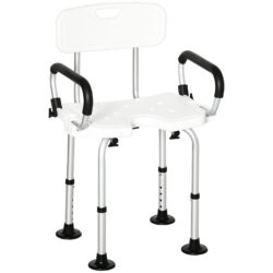 White shower chair with adjustable legs and black padded armrests.