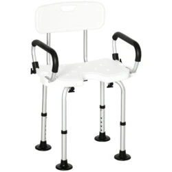 White shower chair with adjustable legs and black padded armrests.
