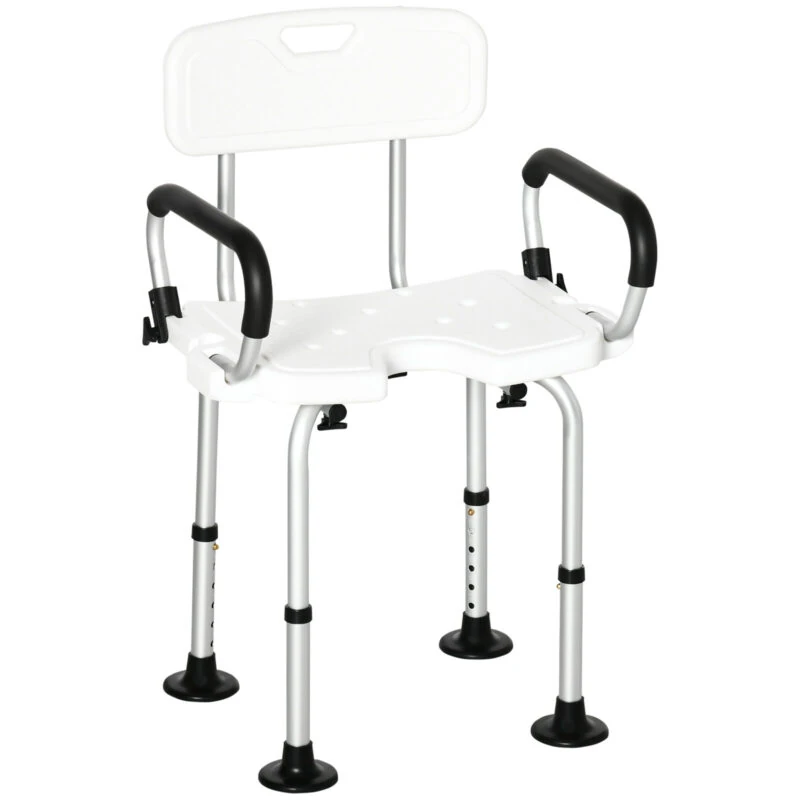 White shower chair with adjustable legs and black padded armrests.