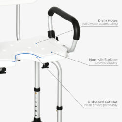 Close-up of shower chair showing drain holes, non-slip surface, and U-shaped cut out.