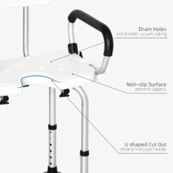 Close-up of shower chair showing drain holes, non-slip surface, and U-shaped cut out.