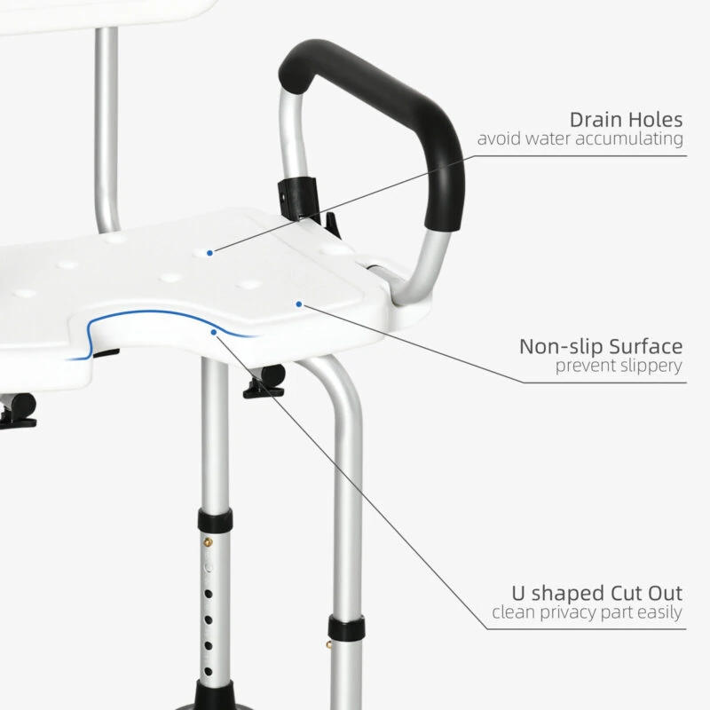 Close-up of shower chair showing drain holes, non-slip surface, and U-shaped cut out.