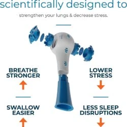 Portable lung trainer with adjustable components and blue accents.