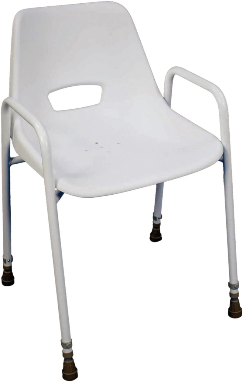 White shower chair with armrests and drainage holes.