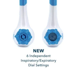 Breathing trainer with adjustable blue dials for inspiratory and expiratory settings.