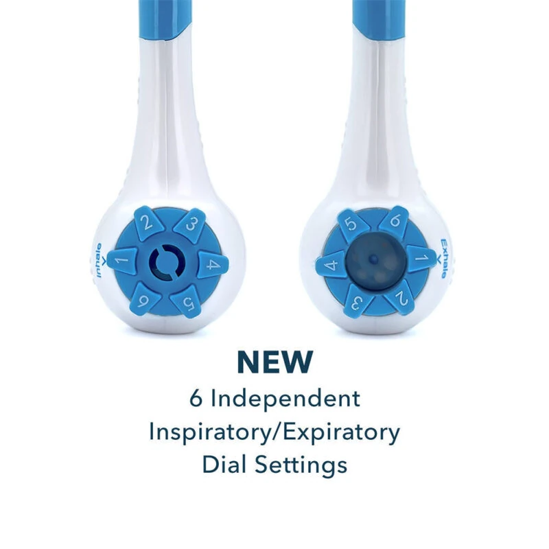 Breathing trainer with adjustable blue dials for inspiratory and expiratory settings.