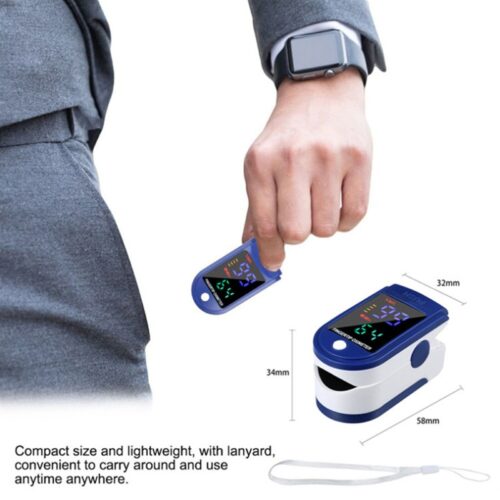 Finger tip pulse oximeter in use, showing digital display.
