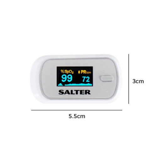Front view of a white fingertip pulse oximeter with digital display.