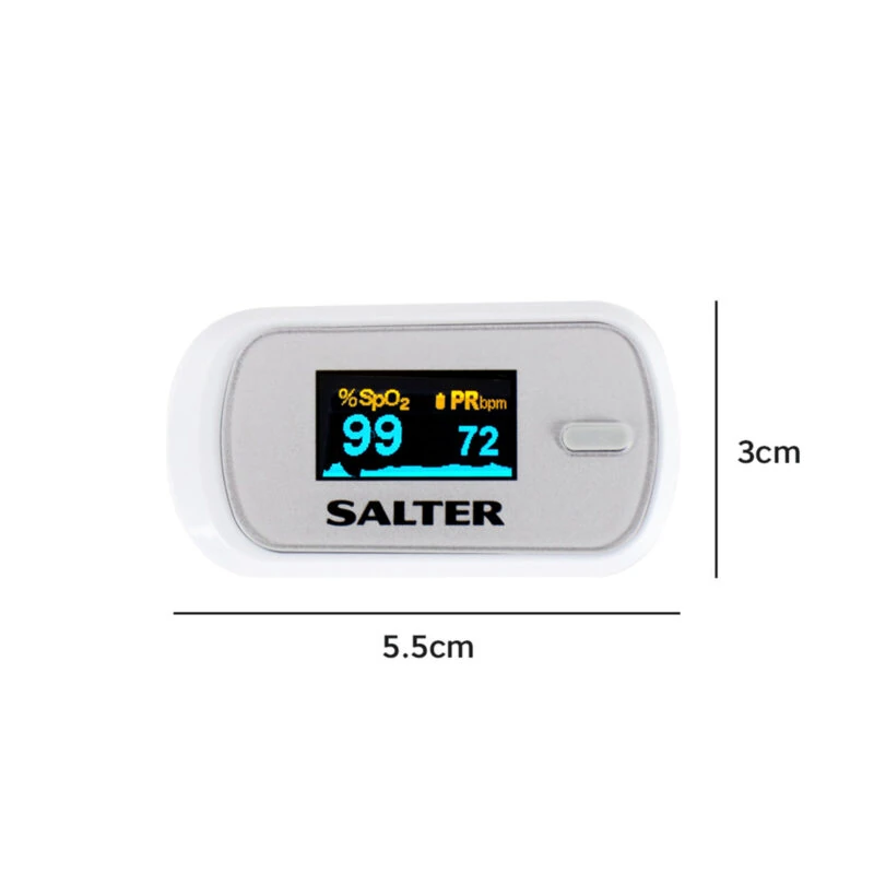 Front view of a white fingertip pulse oximeter with digital display.