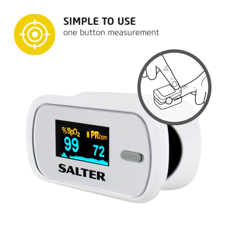 White pulse oximeter with digital display showing SpO2 and PR readings.