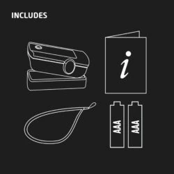 Illustration of pulse oximeter, manual, lanyard, and AAA batteries.