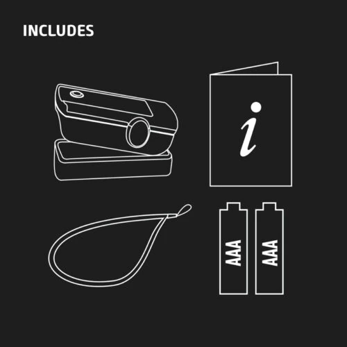 Illustration of pulse oximeter, manual, lanyard, and AAA batteries.