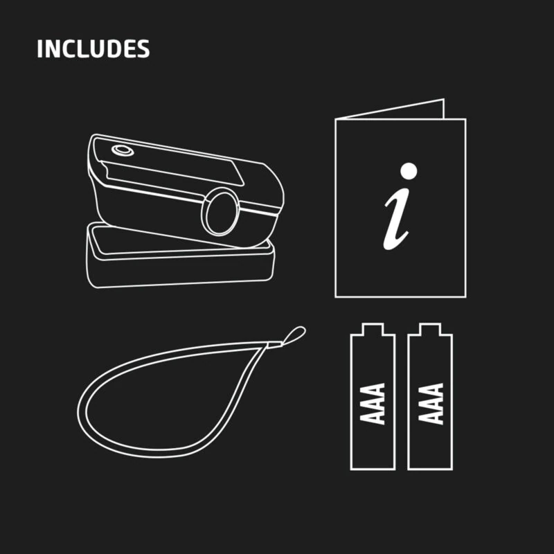 Illustration of pulse oximeter, manual, lanyard, and AAA batteries.
