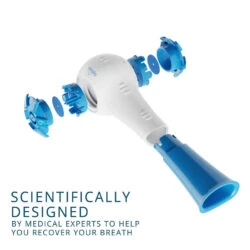Exploded view of a white and blue breathing trainer with visible components.
