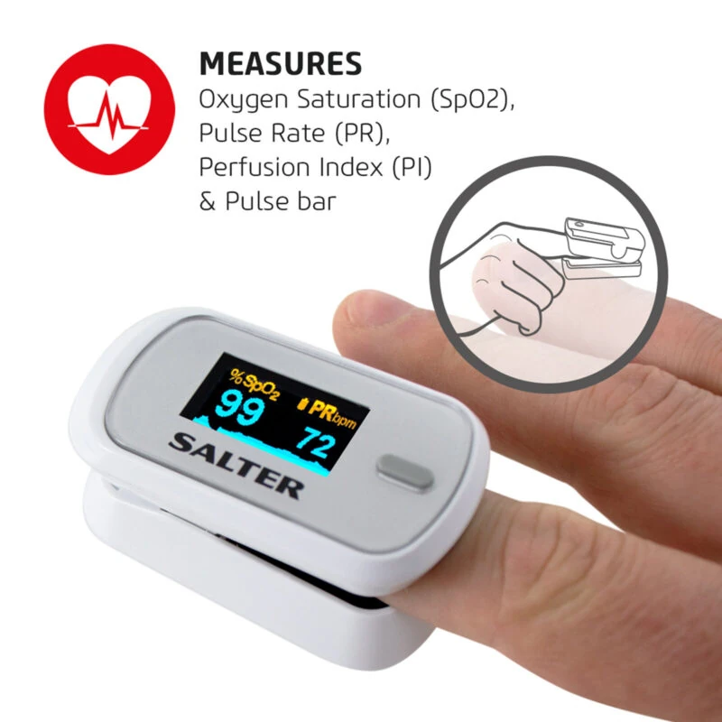 Fingertip pulse oximeter showing SpO2 and PR readings.