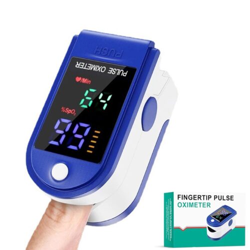 Finger tip pulse oximeter showing readings on display.