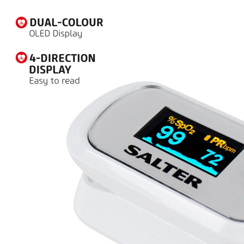 Close-up of a pulse oximeter with a dual-colour OLED display showing SpO2 and PR readings.