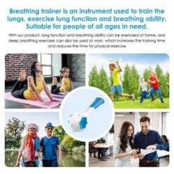 Collage of people exercising and a breathing trainer device.