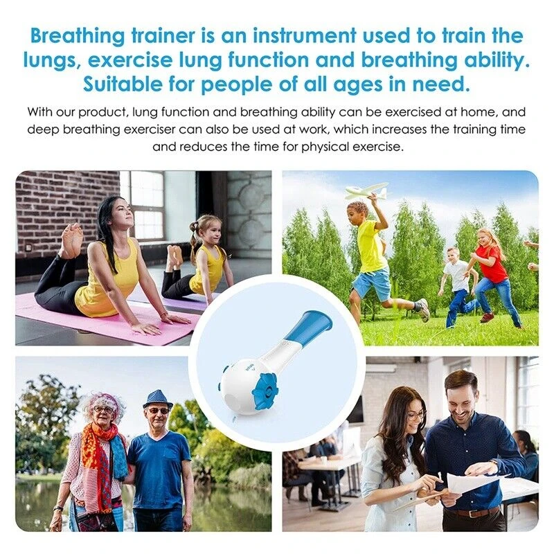 Collage of people exercising and a breathing trainer device.