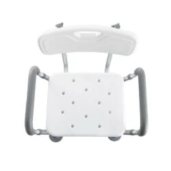 Top view of a white shower chair with gray arms and backrest.