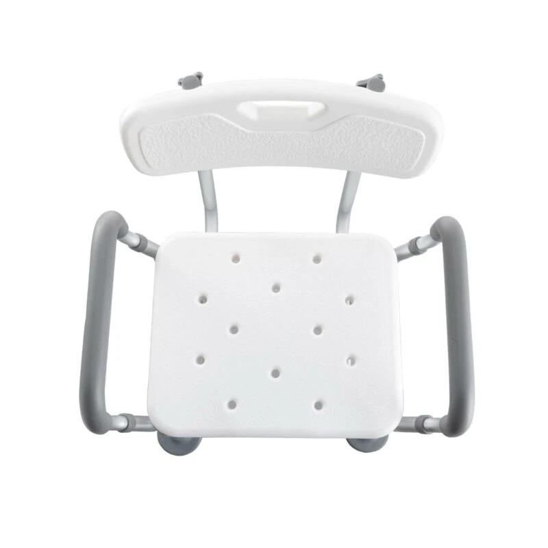 Top view of a white shower chair with gray arms and backrest.