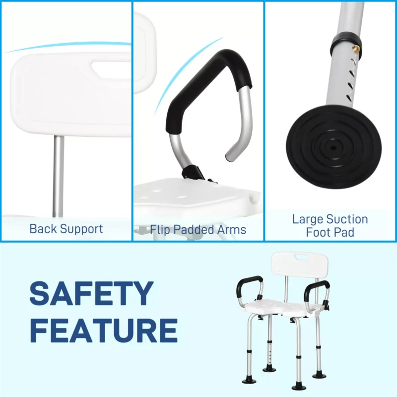 Shower chair with back support, padded arms, and suction foot pads.