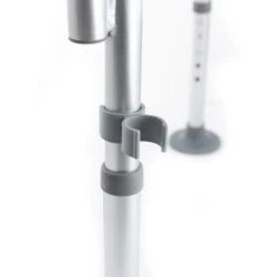 Close-up of adjustable shower chair leg with gray clamp.