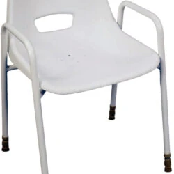 White shower chair with armrests and drainage holes.