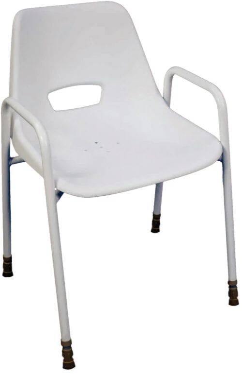 White shower chair with armrests and drainage holes.