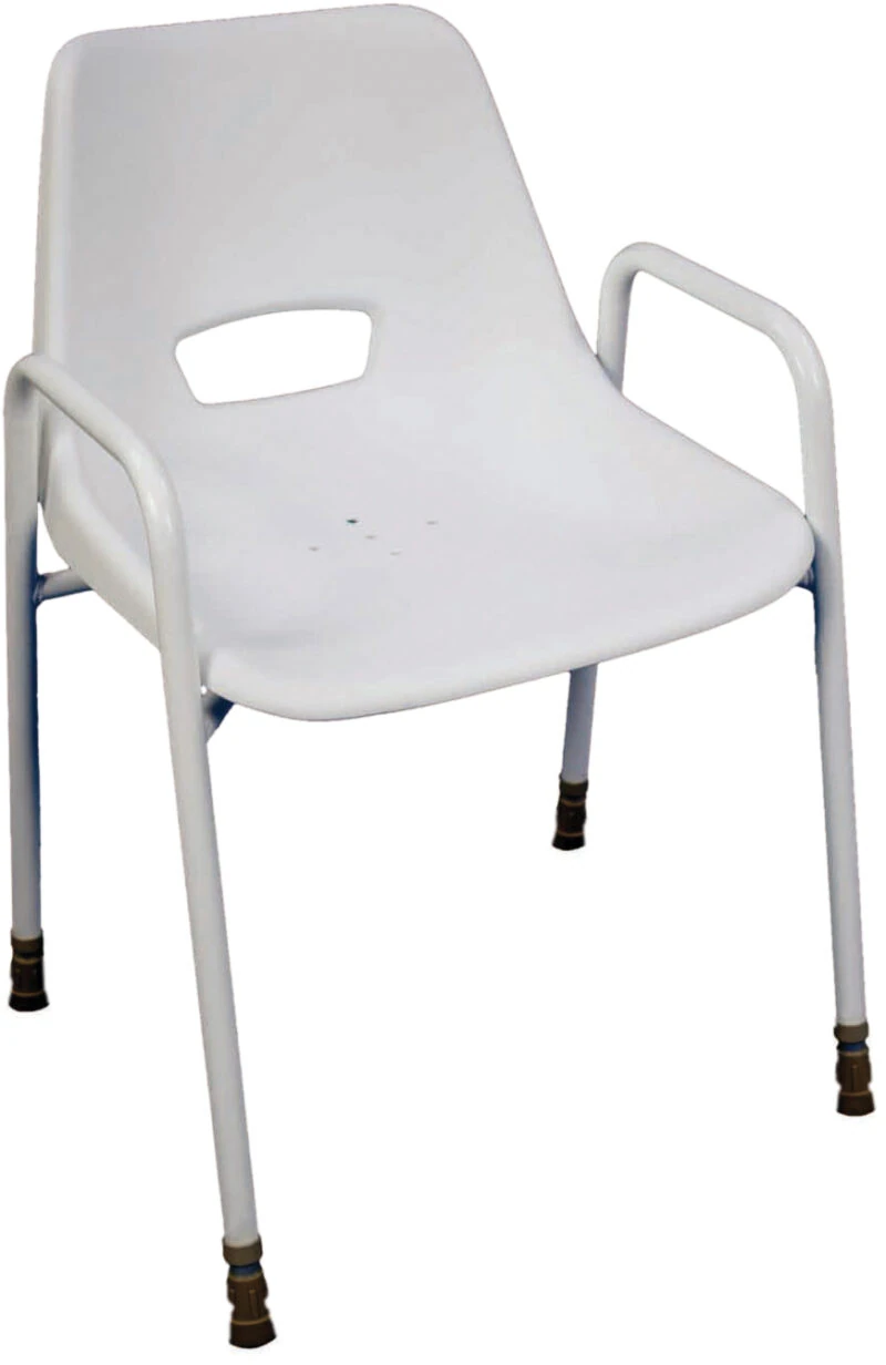 White shower chair with armrests and drainage holes.