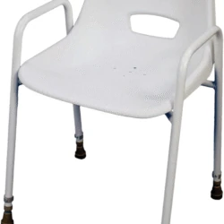White shower chair with armrests and drainage holes.