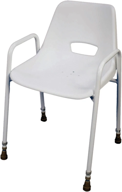White shower chair with armrests and drainage holes.