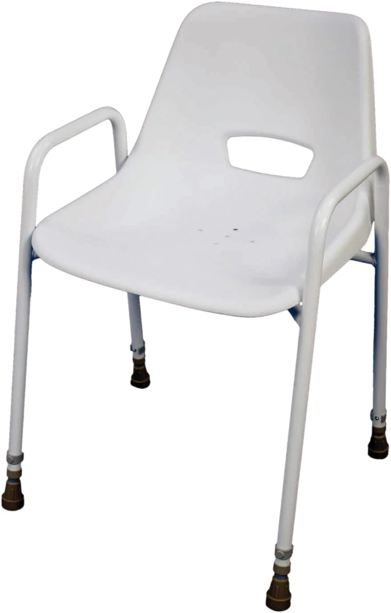 White shower chair with armrests and drainage holes.