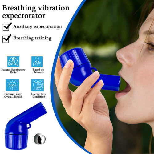 Person using a blue breathing exerciser device.
