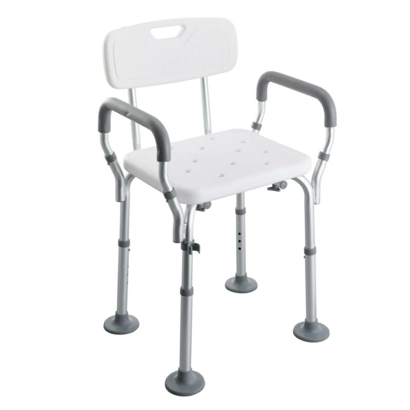 White shower chair with gray arms and adjustable legs.