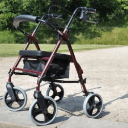 Rollator walker with large wheels on a path outdoors.