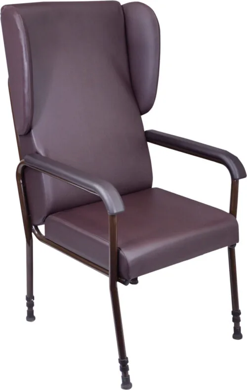 Brown high back chair with armrests and metal legs.