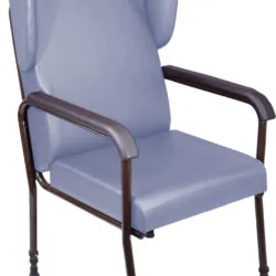 Blue high back chair with armrests and metal legs.