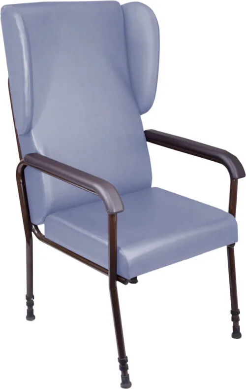 Blue high back chair with armrests and metal legs.