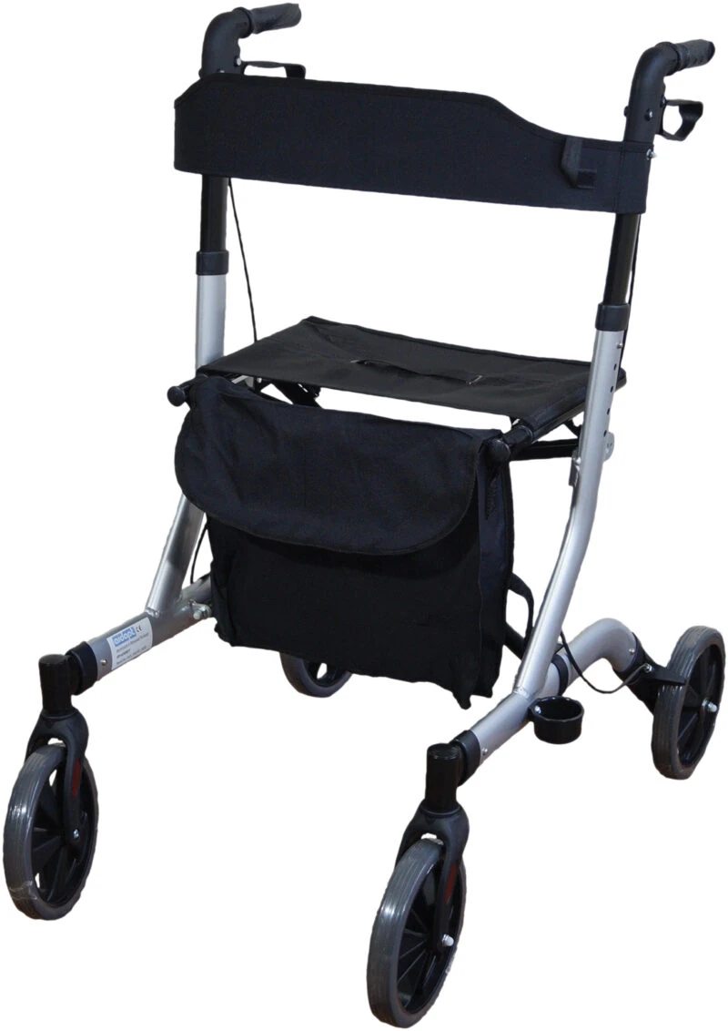 Ultra lightweight folding rollator with seat and detachable bag.