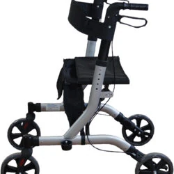 Side view of a lightweight folding rollator with seat and four wheels.