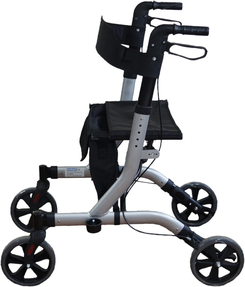 Side view of a lightweight folding rollator with seat and four wheels.