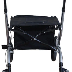 Rear view of a lightweight folding rollator with seat and bag.