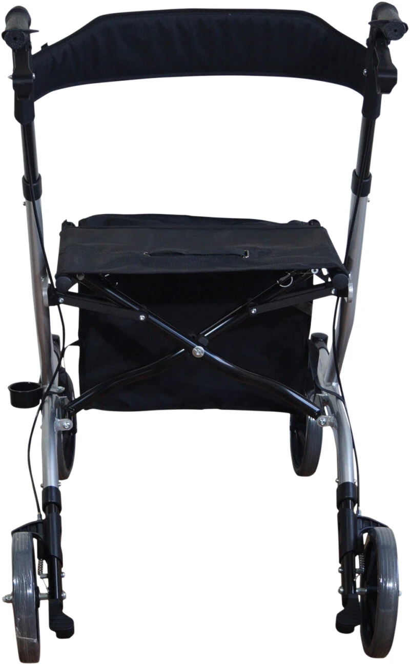 Rear view of a lightweight folding rollator with seat and bag.