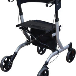 Ultra lightweight folding rollator with seat and four wheels.