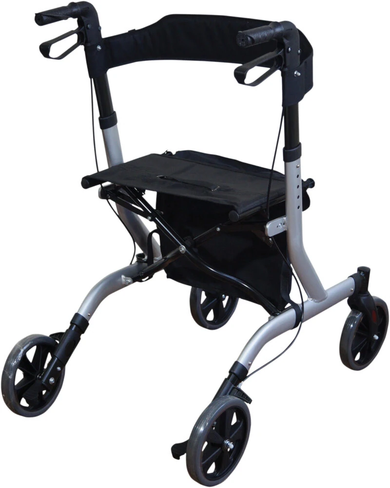 Ultra lightweight folding rollator with seat and four wheels.