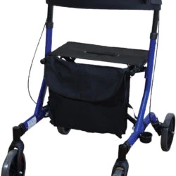 Blue folding rollator with seat and black bag.