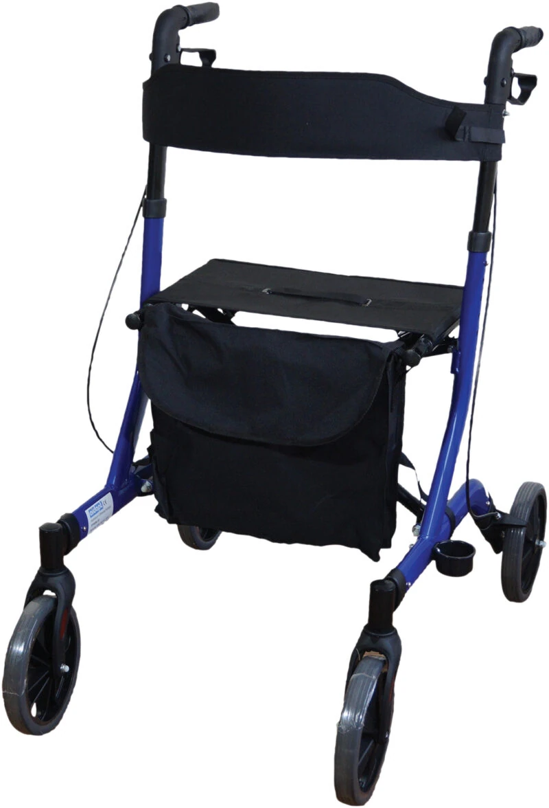Blue folding rollator with seat and black bag.
